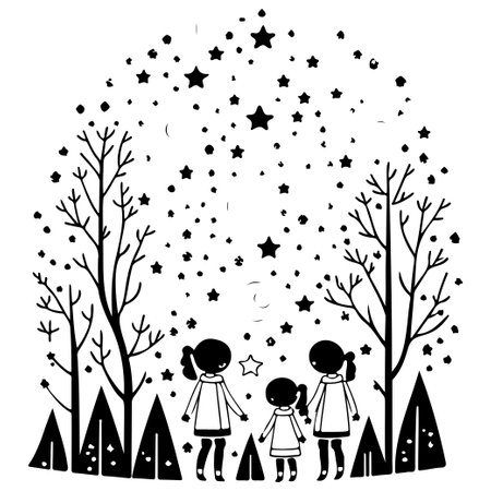 winter forest watching shooting stars illustration sketch hand draw elementのイラスト素材