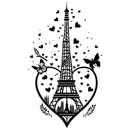 Eiffel Tower with Butterfly love heart valentine illustration draw element blackのイラスト素材