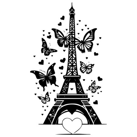 Eiffel Tower with Butterfly love heart valentine illustration draw element blackのイラスト素材
