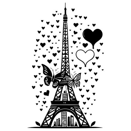 Eiffel Tower with Butterfly love heart valentine illustration draw element blackのイラスト素材