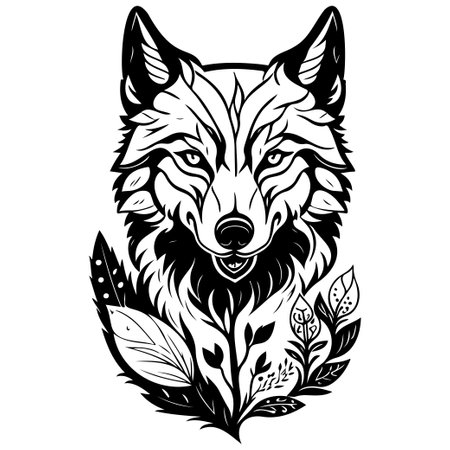 wolf brave with floral spring illustration sketch hand draw elementのイラスト素材
