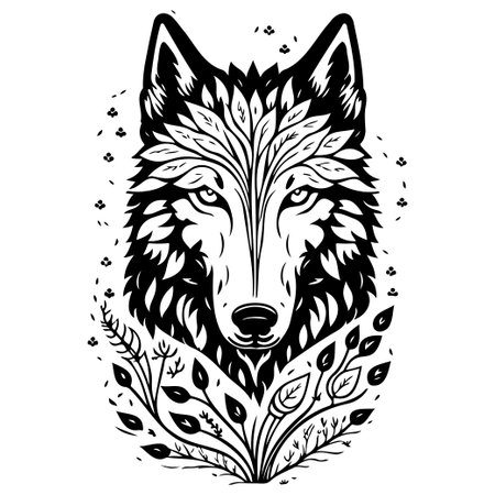 wolf brave with floral spring illustration sketch hand draw elementのイラスト素材