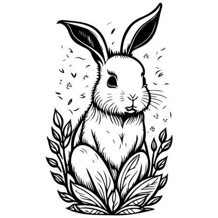 rabbit brave with floral spring illustration sketch hand draw elementのイラスト素材