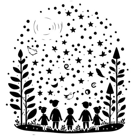 winter forest watching shooting stars illustration sketch elementのイラスト素材