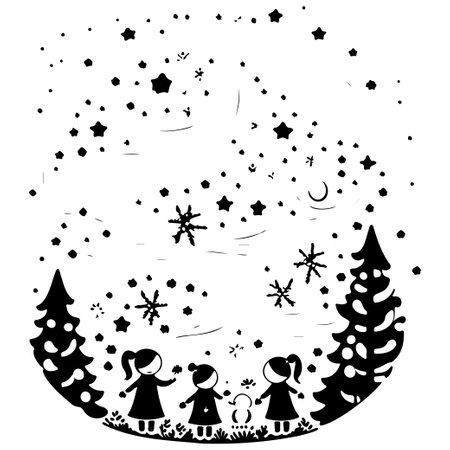 winter forest watching shooting stars illustration sketch elementのイラスト素材