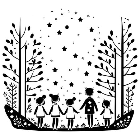 winter forest watching shooting stars illustration sketch elementのイラスト素材