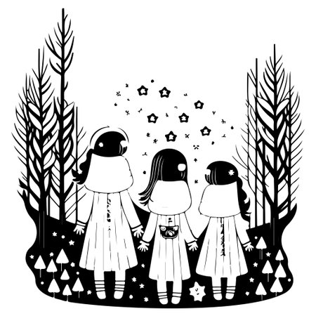 winter forest watching shooting stars illustration sketch elementのイラスト素材