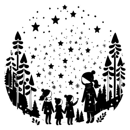 winter forest watching shooting stars illustration sketch elementのイラスト素材