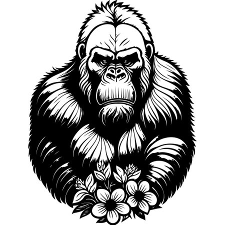 animal gorilla brave with floral illustration sketch hand draw elementのイラスト素材