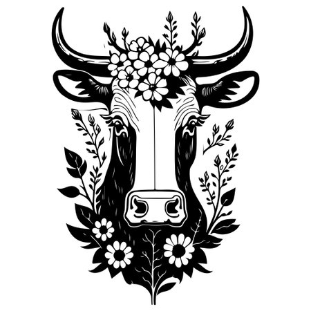animal cow head brave with floral illustration sketch hand draw elementのイラスト素材
