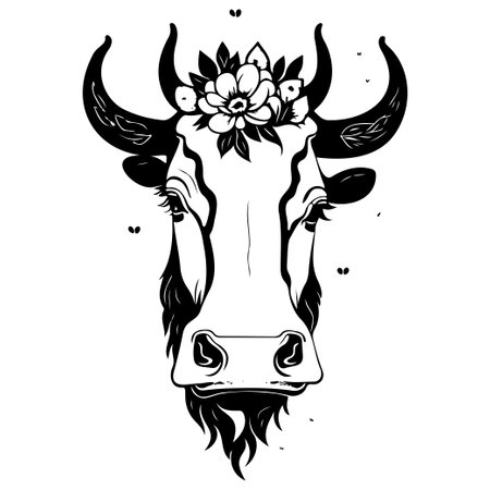 animal cow head brave with floral illustration sketch hand draw elementのイラスト素材
