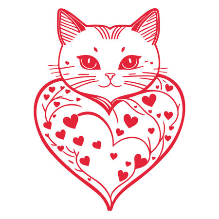 Red cat love valentine heart illustration sketch elementのイラスト素材