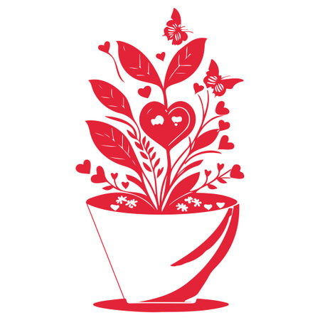 Red valentine pot flower love with butterfly illustration elementのイラスト素材