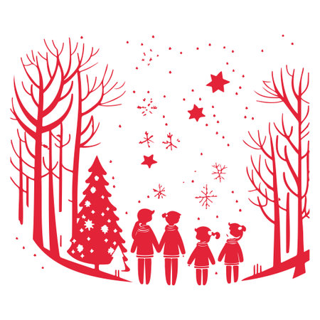 Red winter forest watching shooting stars illustration elementのイラスト素材