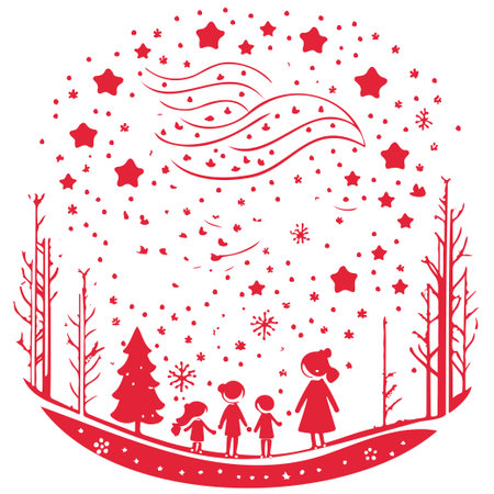 Red winter forest watching shooting stars illustration elementのイラスト素材