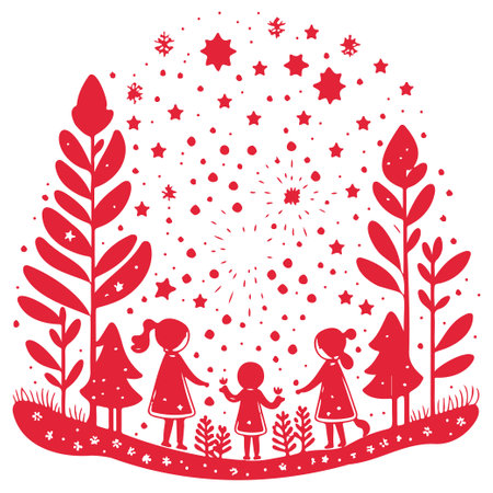 Red winter forest watching shooting stars illustration elementのイラスト素材