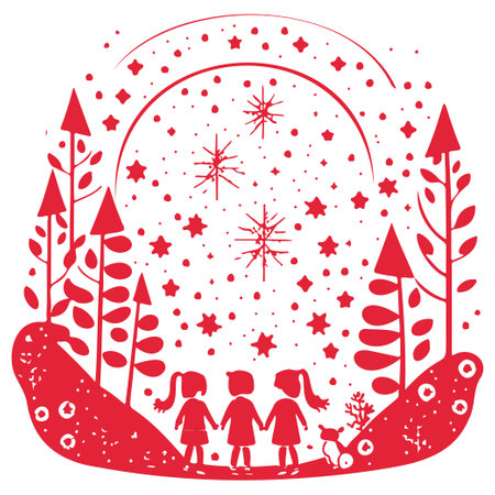 Red winter forest watching shooting stars illustration elementのイラスト素材