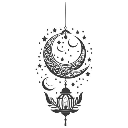 Ramadan Crescent Lantern Moon illustration sketch greyのイラスト素材