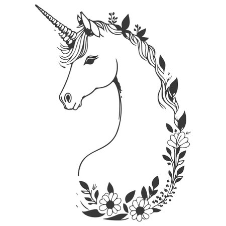 boho unicorn with floral spring illustration sketch greyのイラスト素材