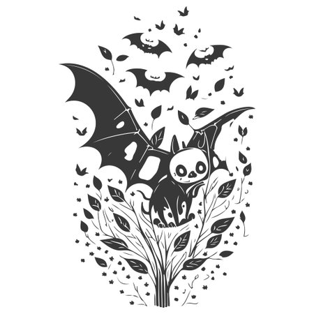 halloween bat animal with floral illustration sketch greyのイラスト素材