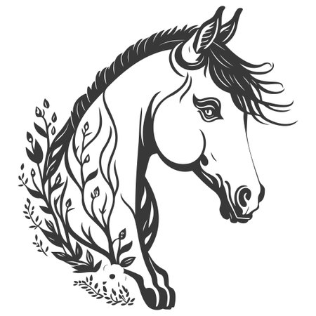 animal horse brave with floral illustration sketch greyのイラスト素材