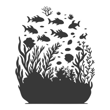 underwater world sunken vessel seaweeds grow rock illustration sketch greyのイラスト素材