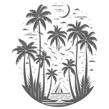 sail and palm tree illustration sketch element greyのイラスト素材