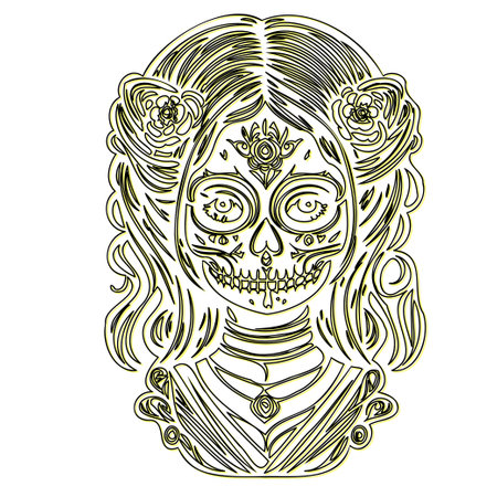 day of the dead girl beautiful monster outline illustration sketch element yellowのイラスト素材