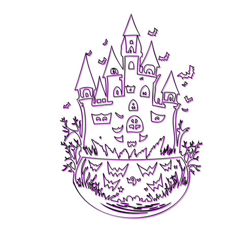 Spooky Halloween Castle Illustration with Bat Silhouettes and Cauldronのイラスト素材