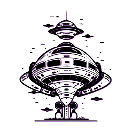 UFO spaceship landing illustration. Concept of science fiction, alien, and outer space.のイラスト素材