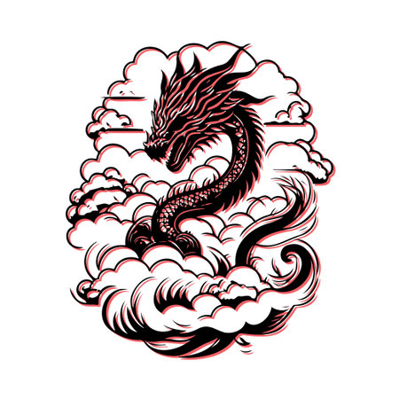 Dragon in the Clouds. Concept of Asian mythology, fantasy, and power.のイラスト素材