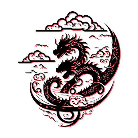Two Dragons in the Clouds. Concept of Asian mythology, power, and strength.のイラスト素材