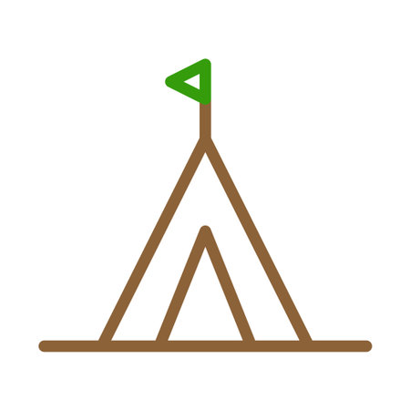 Camping tent icon with green flag. Concept of adventure, travel, and outdoor recreation.