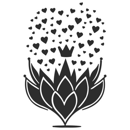 Black and white illustration of a flower with hearts and a crownのイラスト素材
