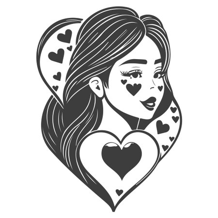 Beautiful Girl with Hearts, Line Art Illustrationのイラスト素材