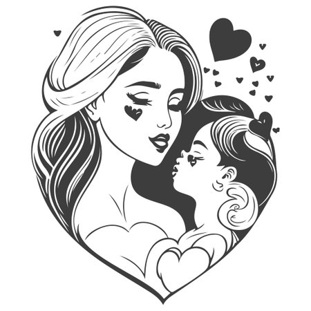 Mother and Daughter Heart Shape Line Art Illustrationのイラスト素材