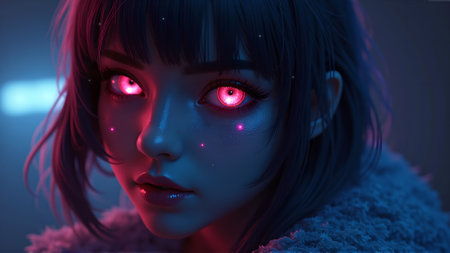 Close-up portrait of a stylized cyberpunk girl with glowing red eyes and neon lighting effectsの素材