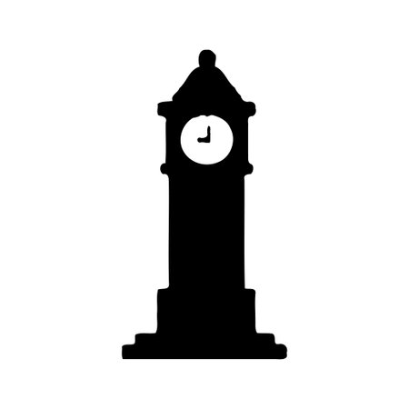 A black silhouette of a clock tower, isolated on a white background, showing time symbol.のイラスト素材