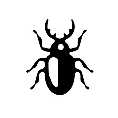 A black silhouette of a beetle with six legs and two horns, set against a white backdrop. The design is simple and minimal.のイラスト素材