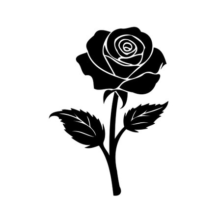 A black rose silhouette on a white background. The image consists of a single rose with a stem and leaves.のイラスト素材