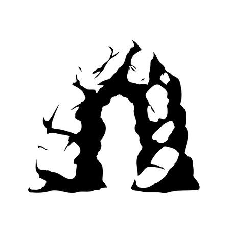 A black and white vector graphic of a rock arch formation isolated on a white background.のイラスト素材