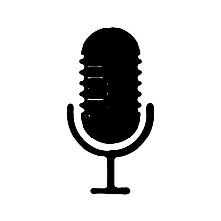A black hand-drawn illustration of a vintage microphone against a white background.のイラスト素材