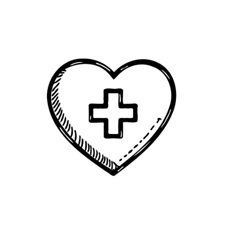 A hand drawn sketch of a heart with a medical cross symbol inside, in black and white colors.のイラスト素材