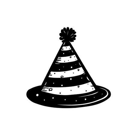 A black and white illustration of a party hat with stripes and a pom-pom, isolated on white background.のイラスト素材