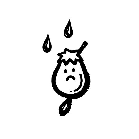 A black and white line drawing of a sad aubergine with rain drops falling on it.のイラスト素材