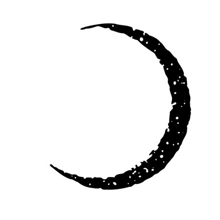 A black ink illustration of a crescent moon with a dotted texture on a white background.のイラスト素材
