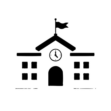 A simple black building illustration of a school with a clock and a flag on top.のイラスト素材
