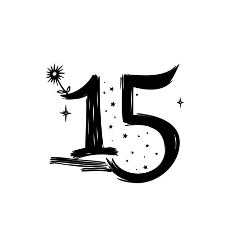 The image shows the number 15 in a black hand-drawn style with a flower and star decorations around it.のイラスト素材