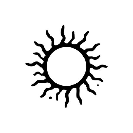 A black, abstract sun graphic design with a round center and ray-like shapes, isolated on a white background.のイラスト素材
