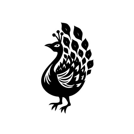 A stylized black silhouette illustration of a peacock with a leaf-like tail and a white backgroundのイラスト素材